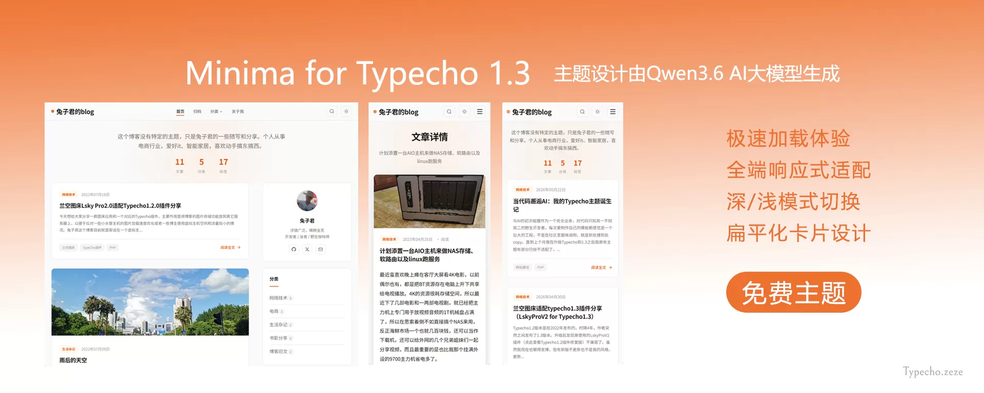 野生开发兔子君与Qwen3.6激情碰撞的简约typecho博客主题